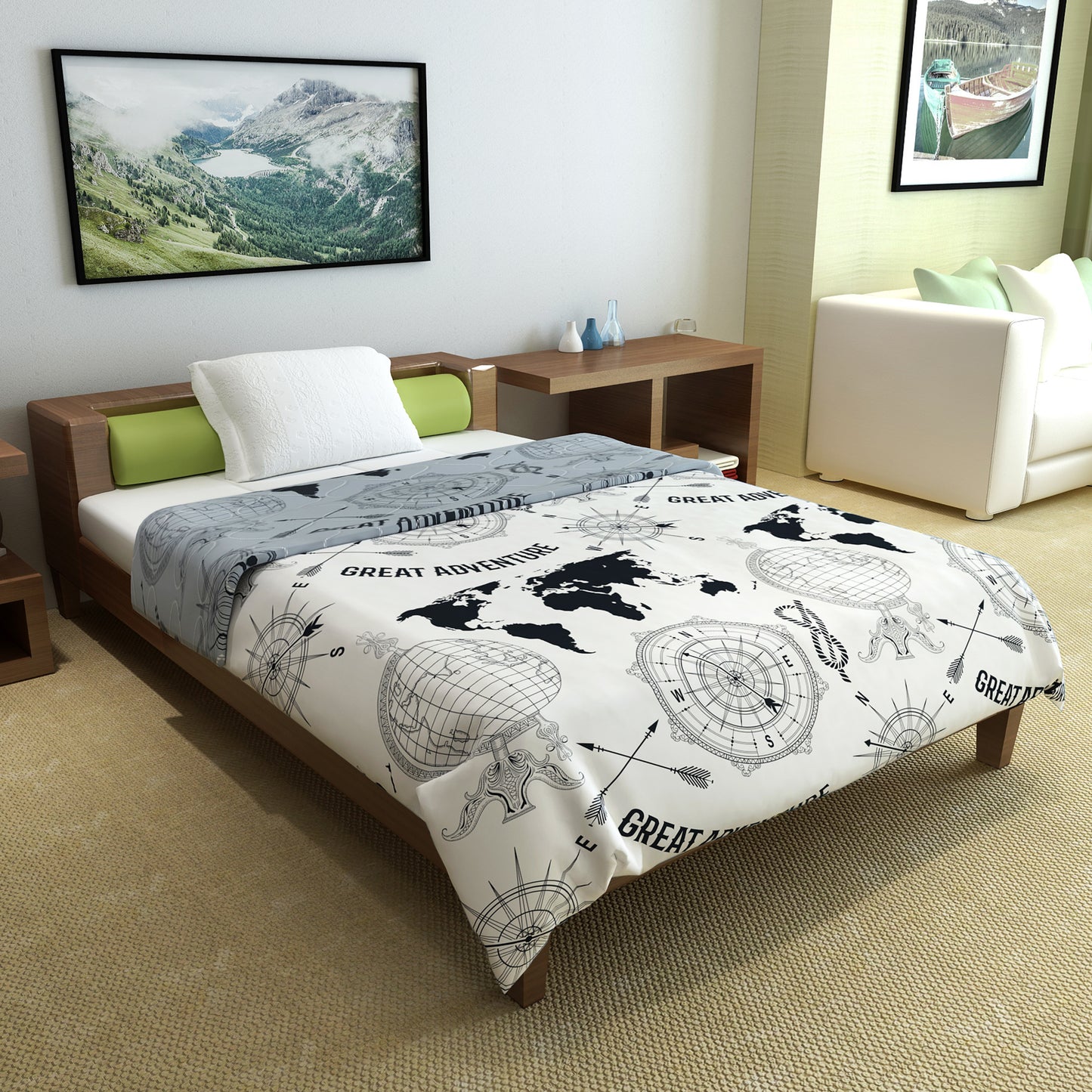 Grey Abstract and White Geographic Pattern Microfiber Comforter Combo For Single Bed