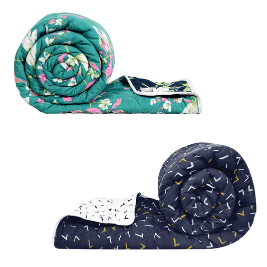 Blue Abstract and Green Floral Microfiber Comforter Combo For Single Bed