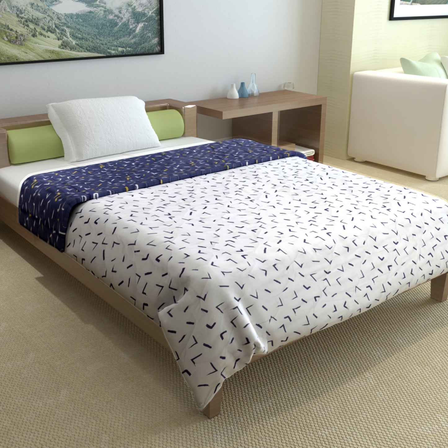 Blue Abstract and Green Floral Microfiber Comforter Combo For Single Bed