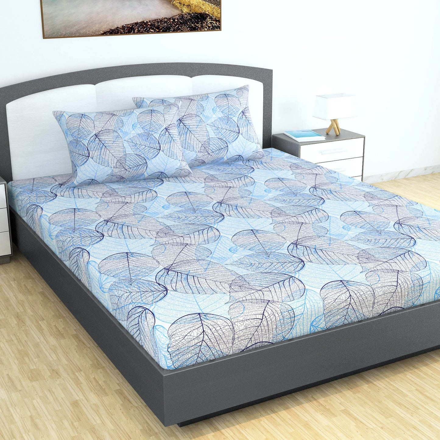 Light Blue Dry Leaf Texture King Size Bedsheet