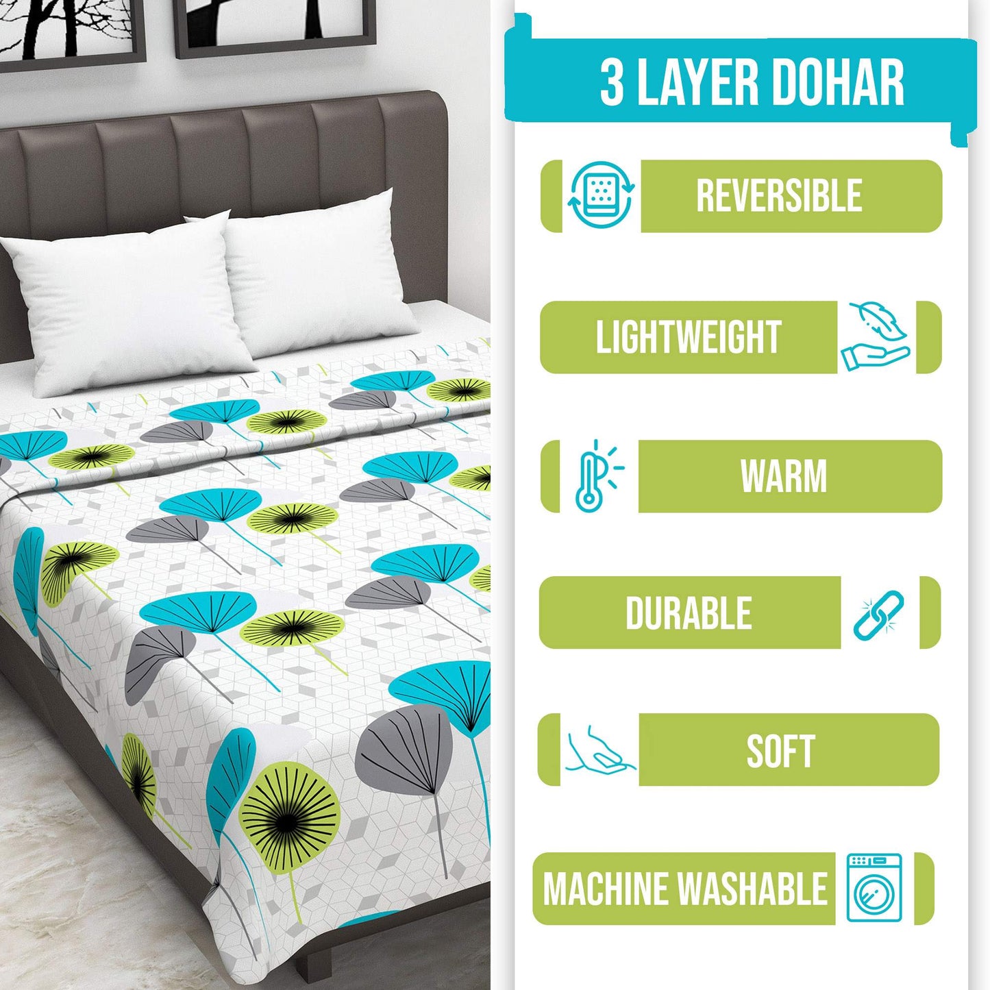 White and Blue 120 TC Cotton Floral Pattern Single Bed AC Blanket Dohar for All Season
