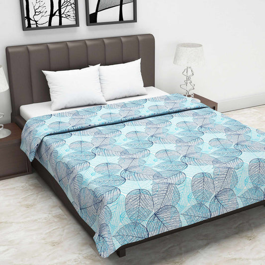 Blue And Brown 120 GSM Cotton Floral Leaf Pattern Double Bed AC Blanket Dohar for All Season