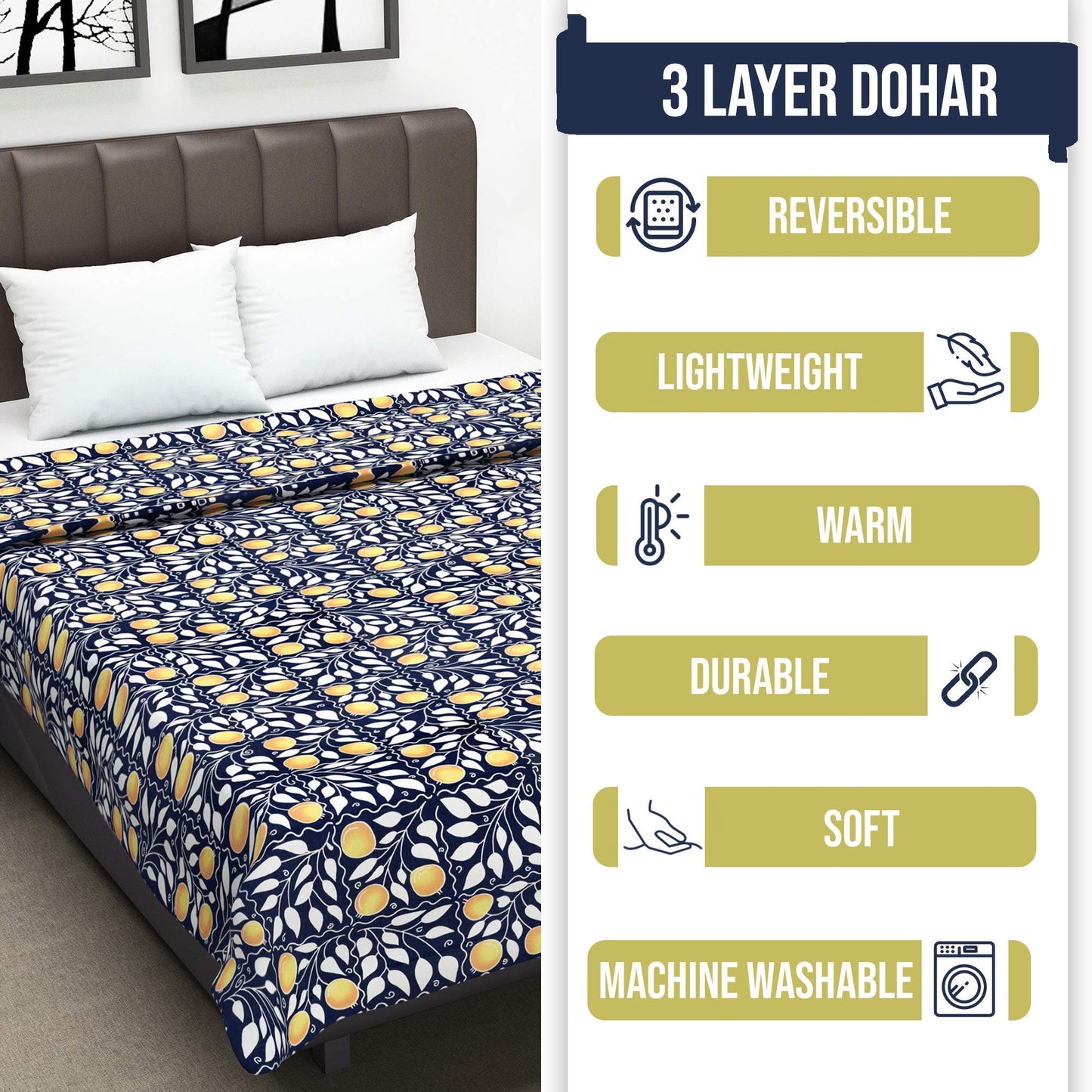 Navy Blue and Yellow 120 GSM Cotton Floral Pattern Double Bed AC Blanket Dohar for All Season
