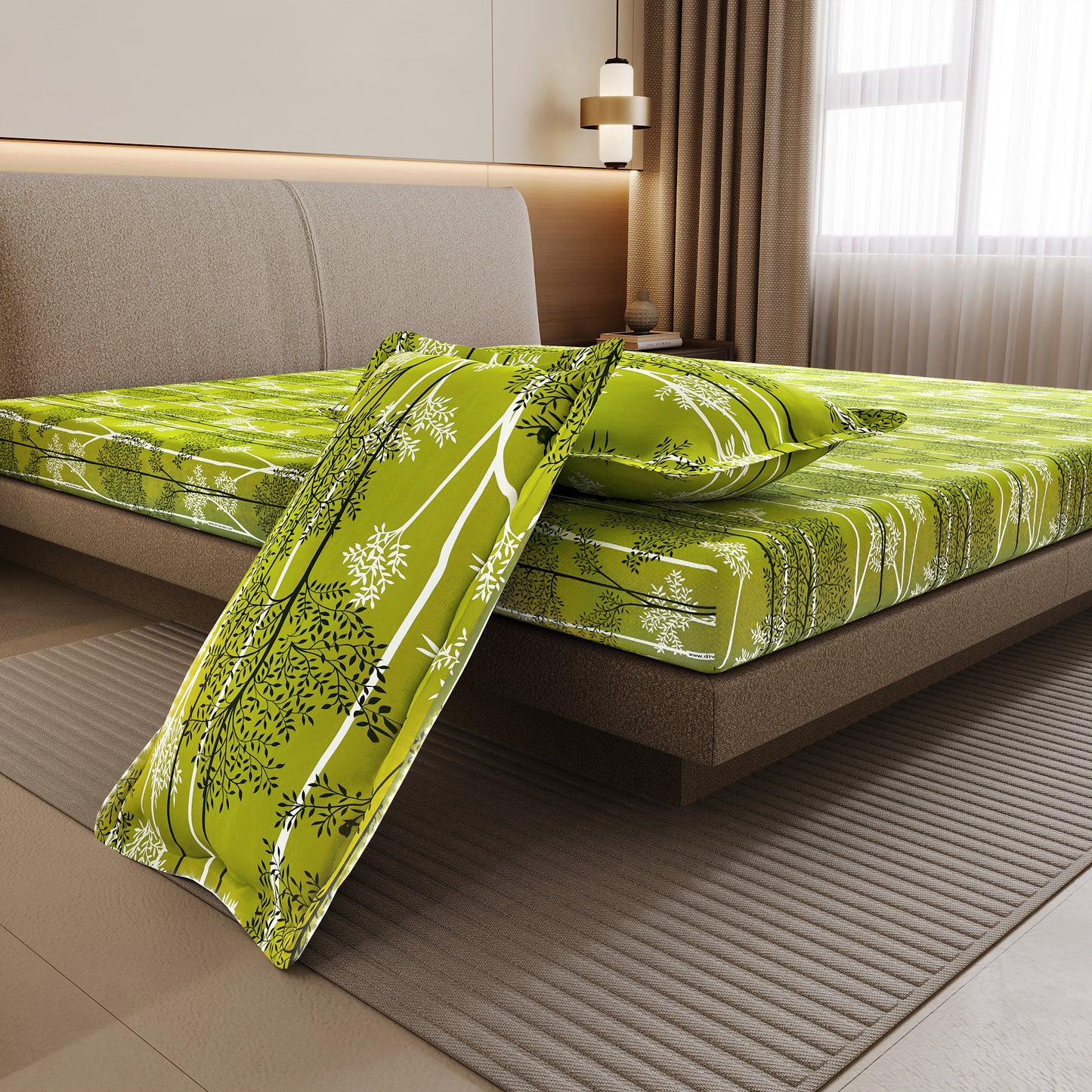 Green & White Leaf Tree Double Bedsheet