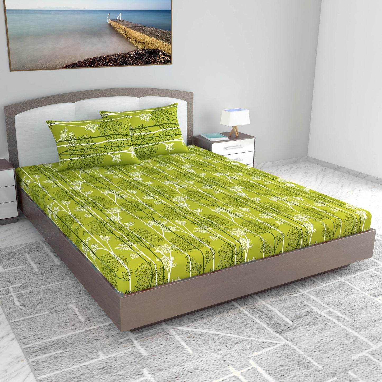 Green & White Leaf Tree King Size Bedsheet