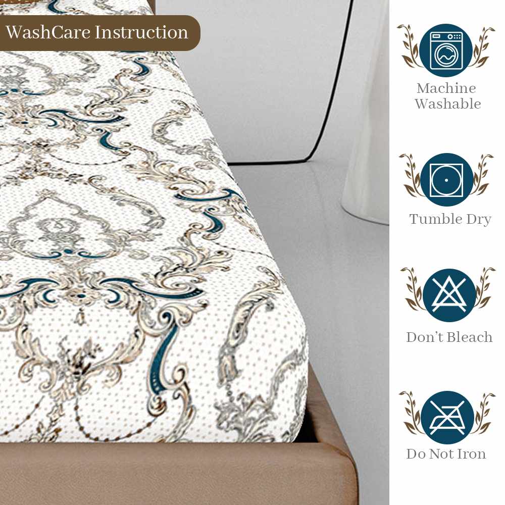 Brown and White Cotton 144 TC Ethnic Print Fitted Bedsheet For Double Bed