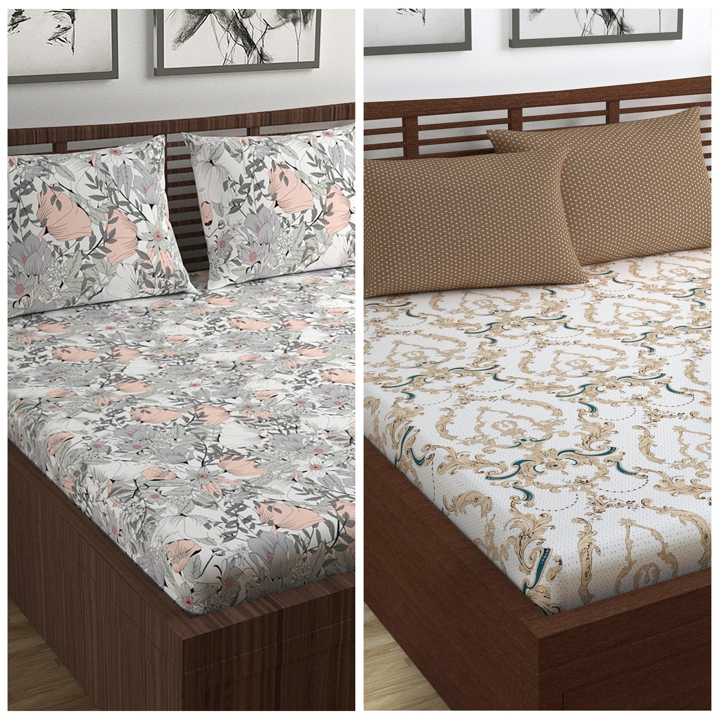 Beige and Grey Kalamkari Retro Print Combo Set of 2 Bedsheet for Double Bed