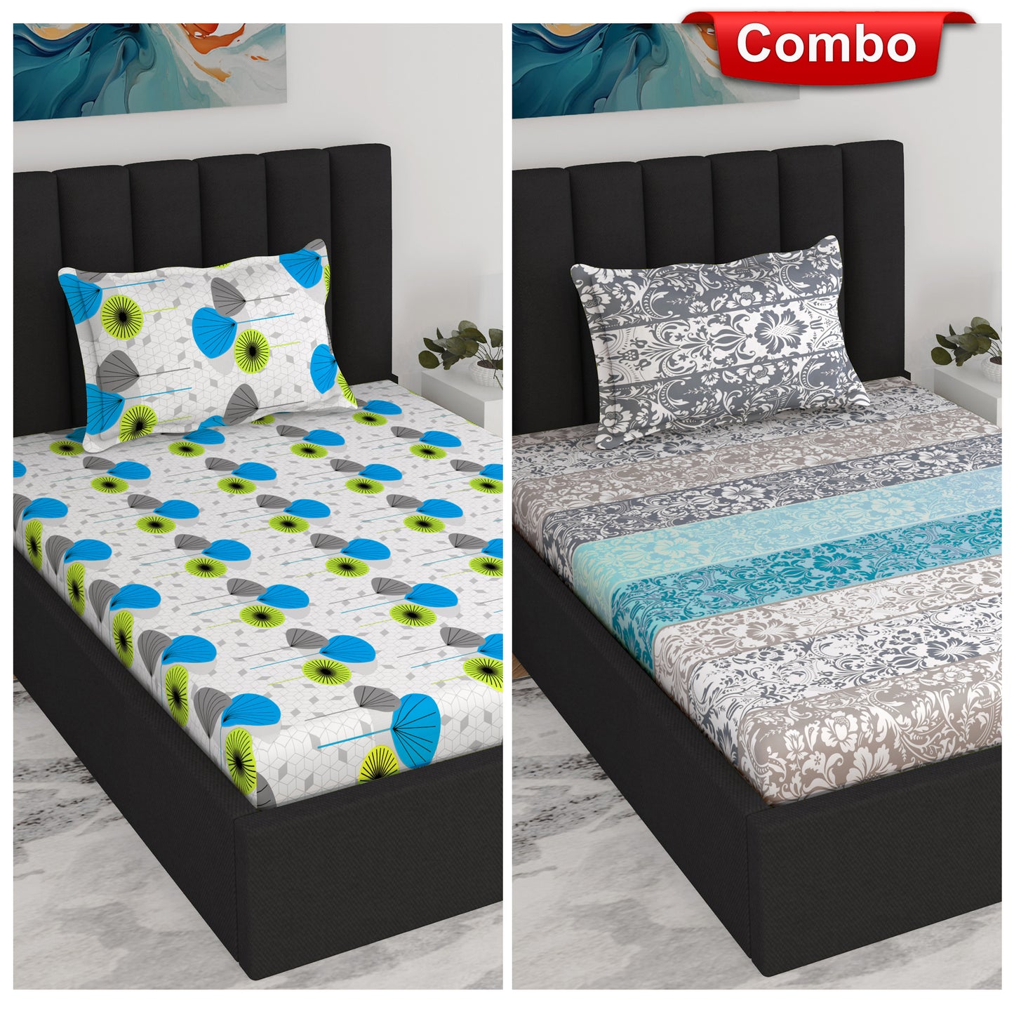 Grey and Blue Floral Print Elastic Fitted Combo Bedsheet For Single Bed