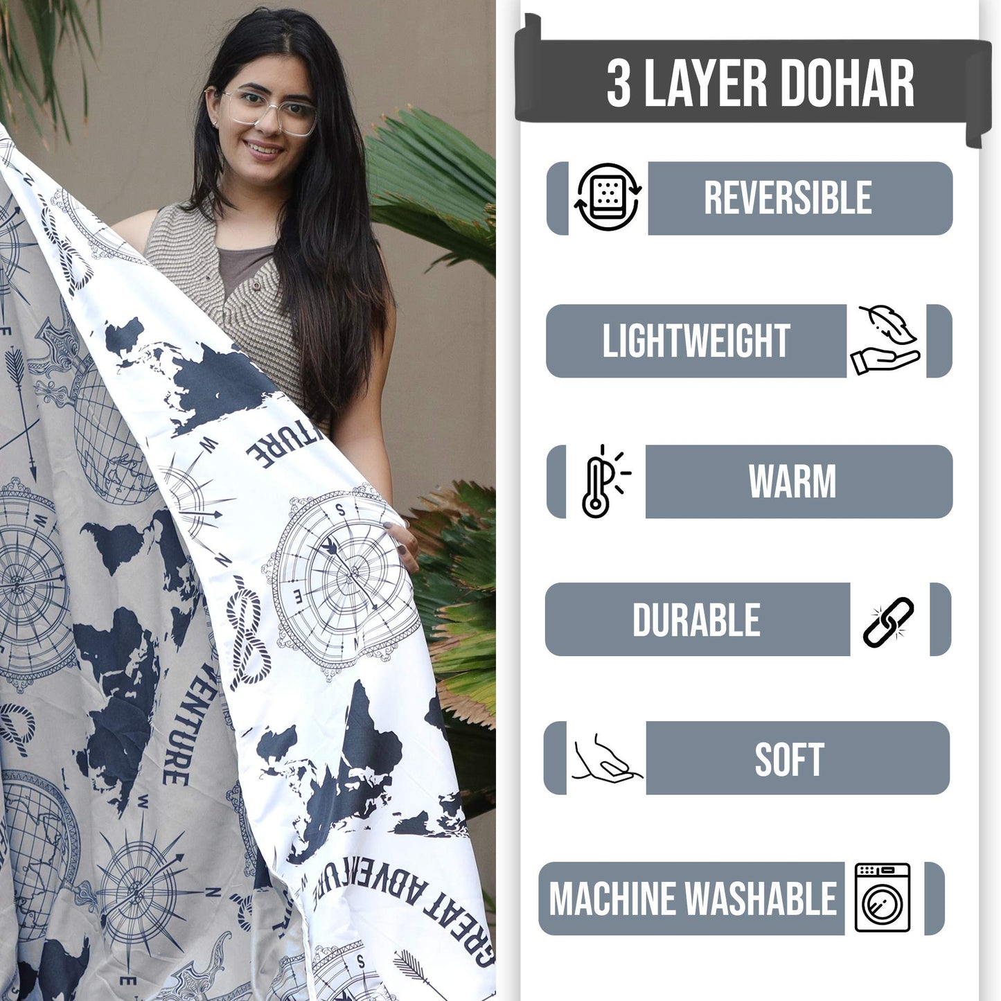 Grey Geography Print Eco Friendly Reversible All Season Dohar For Single Bed