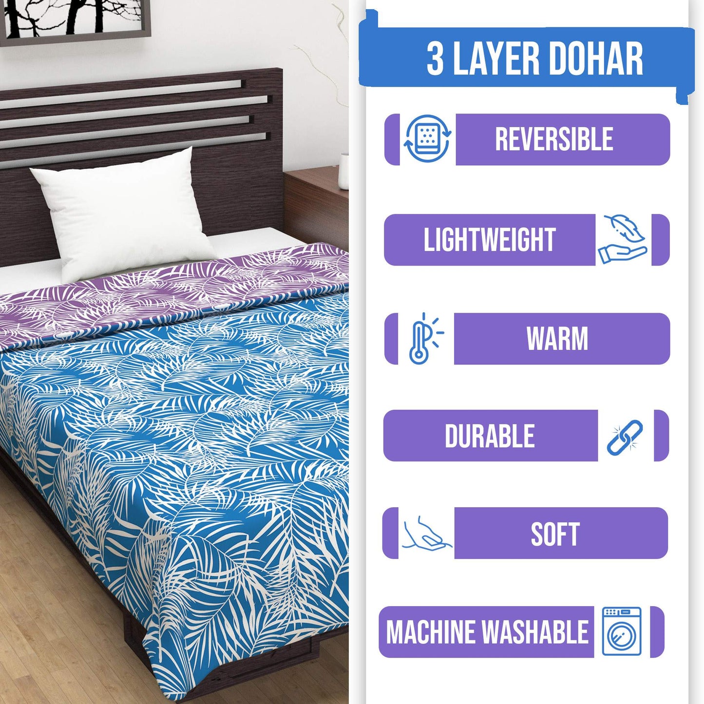 Blue Abstract Print Three Layer Cozy and Comfy Single Bed Dohar