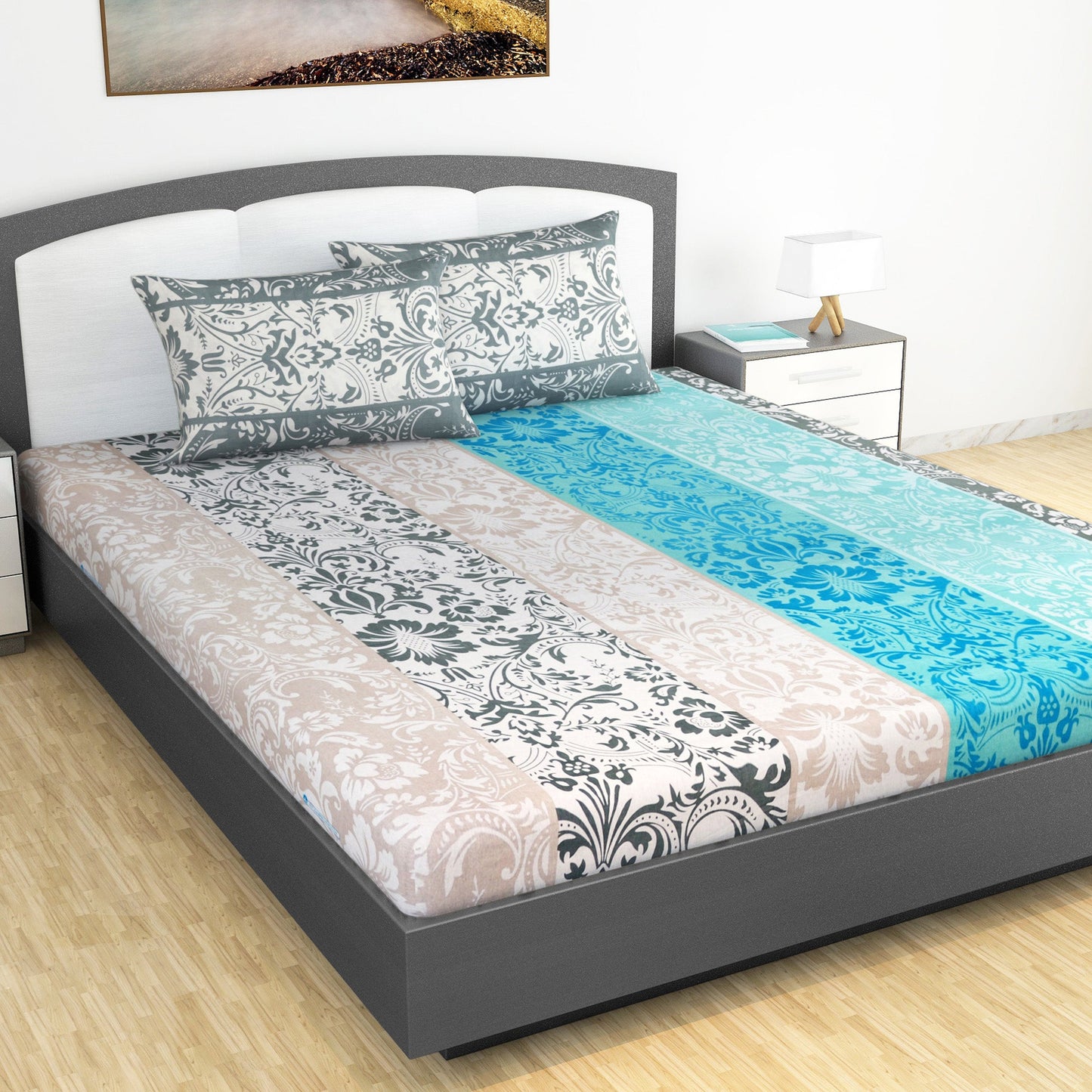 Grey & Blue Floral 144 TC Cotton King Bedsheet With 2 Pillowcovers