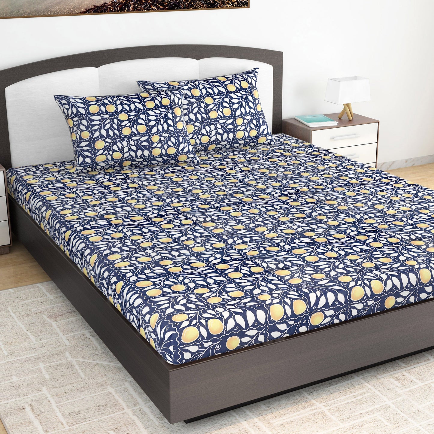 Navy & Orange Clementine Pattern King Size Bedsheet