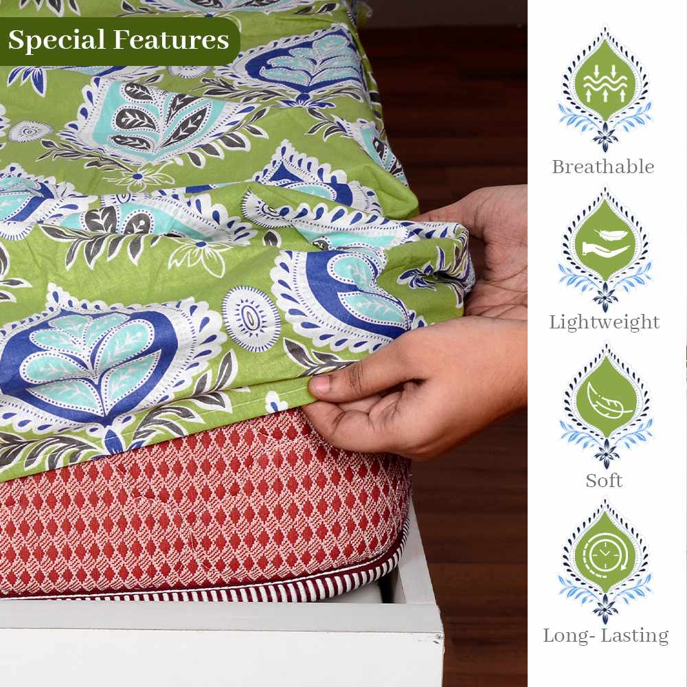 Green 144 TC 100% Cotton Floral Print Elastic Fitted Double Bed Bedsheet with 2 Pillow Covers For Bedroom
