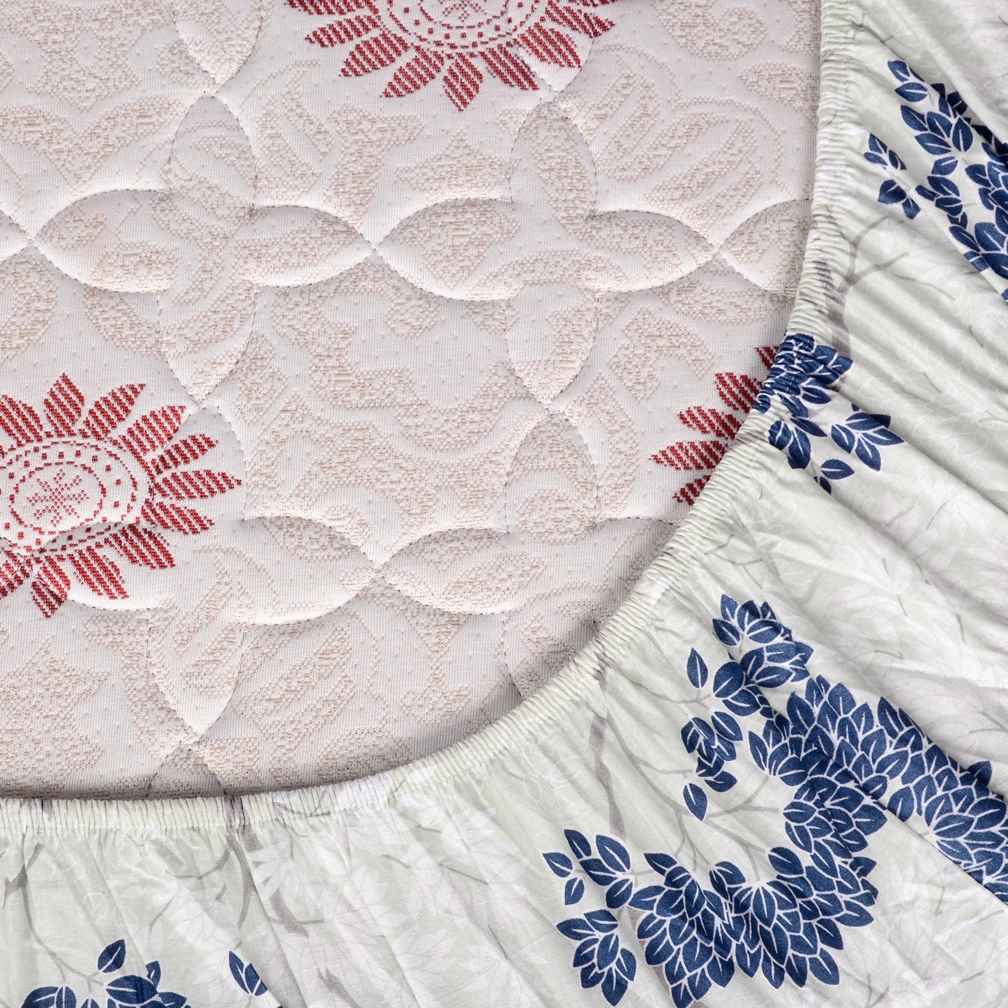 Cream and Grey 144 TC 100% Cotton Floral Print Elastic Fitted Single Bed Bedsheet with 2 Pillow Covers For Bedroom