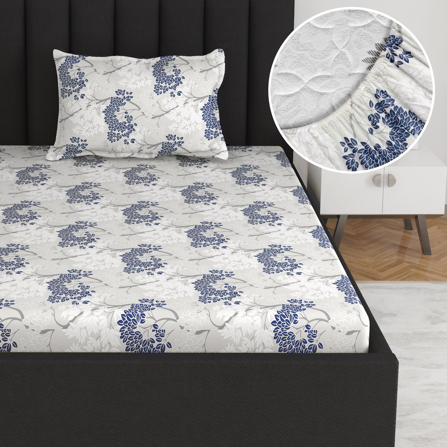 Cream and Grey 144 TC 100% Cotton Floral Print Elastic Fitted Single Bed Bedsheet with 2 Pillow Covers For Bedroom