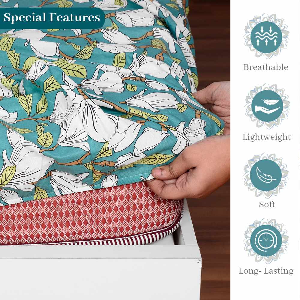 Light Green 144 TC 100% Cotton Floral Print Elastic Fitted Double Bed Bedsheet with 2 Pillow Covers For Bedroom