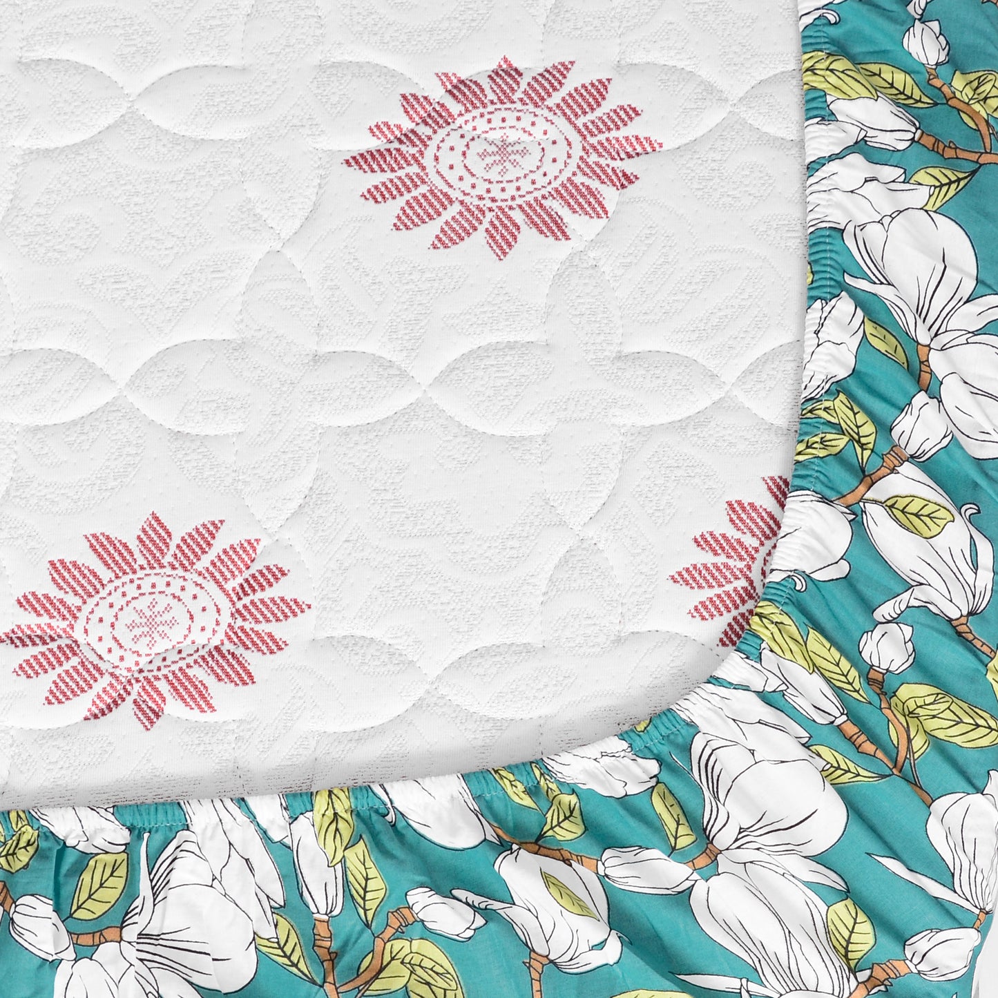 Light Green 144 TC 100% Cotton Floral Print Elastic Fitted Double Bed Bedsheet with 2 Pillow Covers For Bedroom