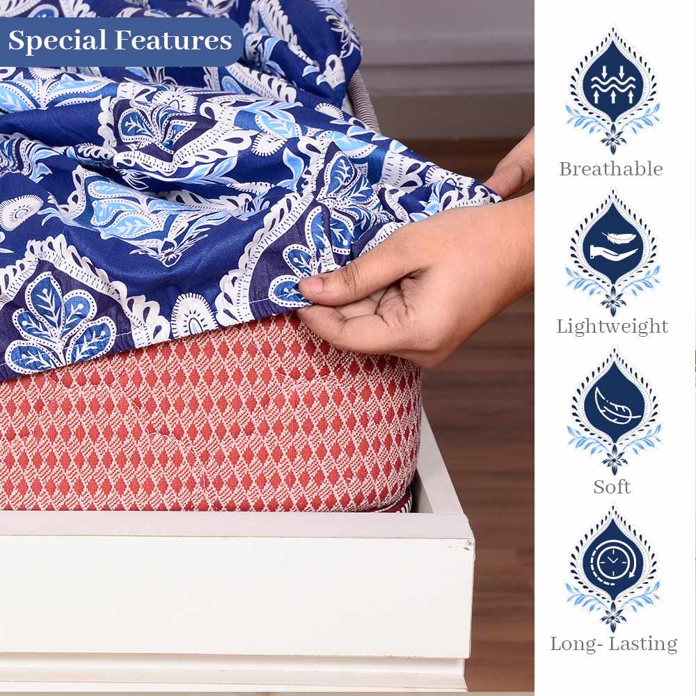 Navy Blue 144 TC 100% Cotton Floral Print Elastic Fitted Double Bed Bedsheet with 2 Pillow Covers For Bedroom