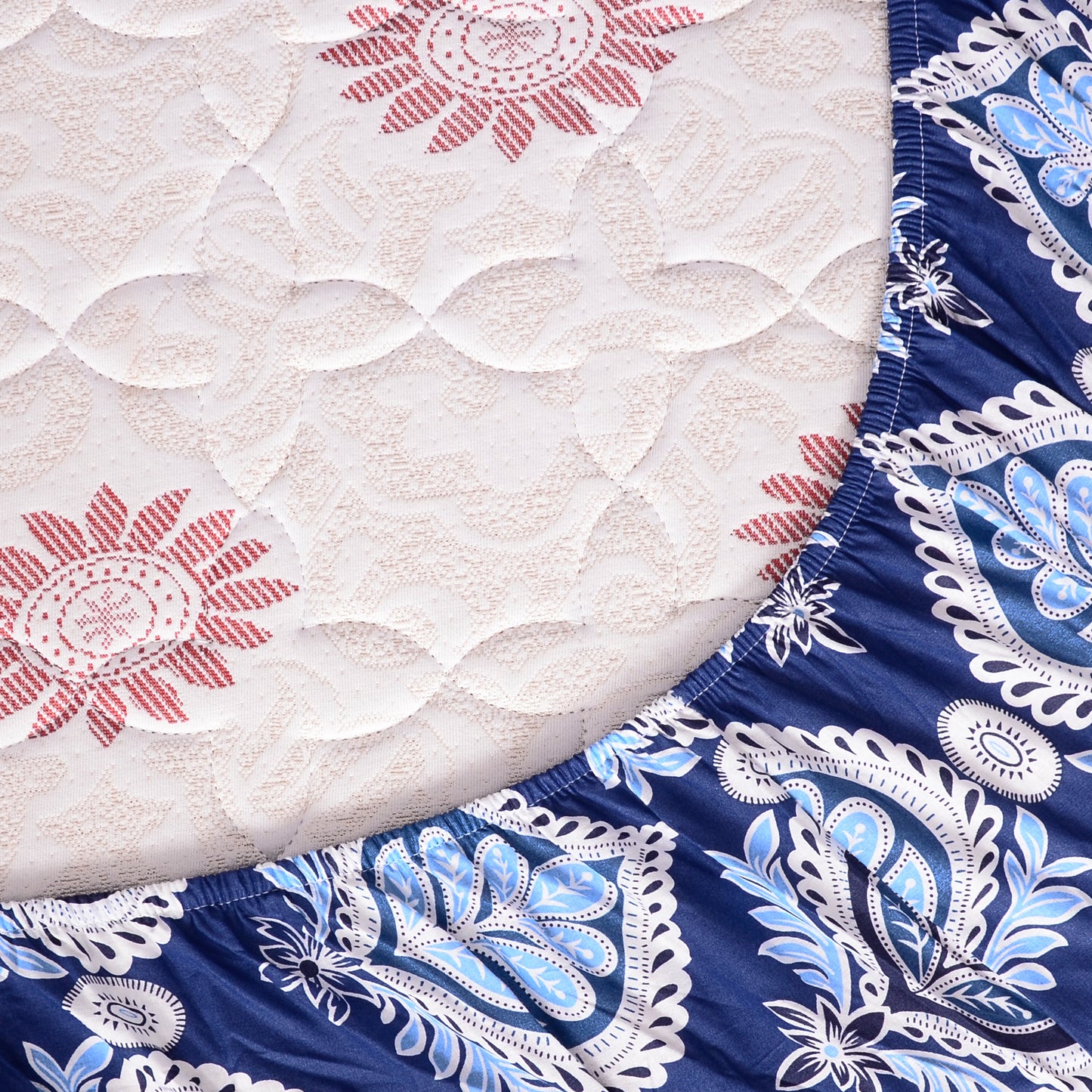 Navy Blue 144 TC 100% Cotton Floral Print Elastic Fitted Single Bed Bedsheet with 2 Pillow Covers For Bedroom