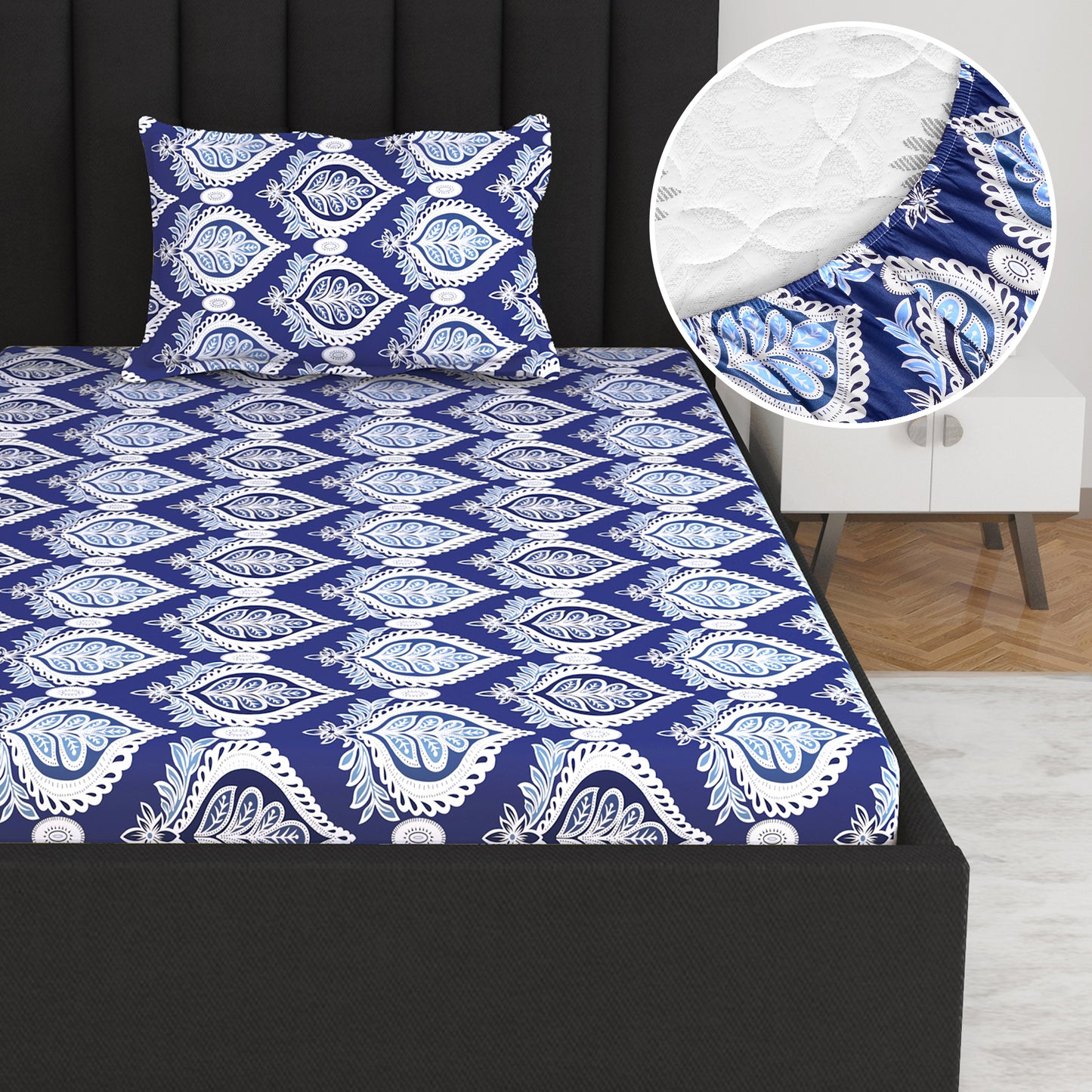 Navy Blue 144 TC 100% Cotton Floral Print Elastic Fitted Single Bed Bedsheet with 2 Pillow Covers For Bedroom