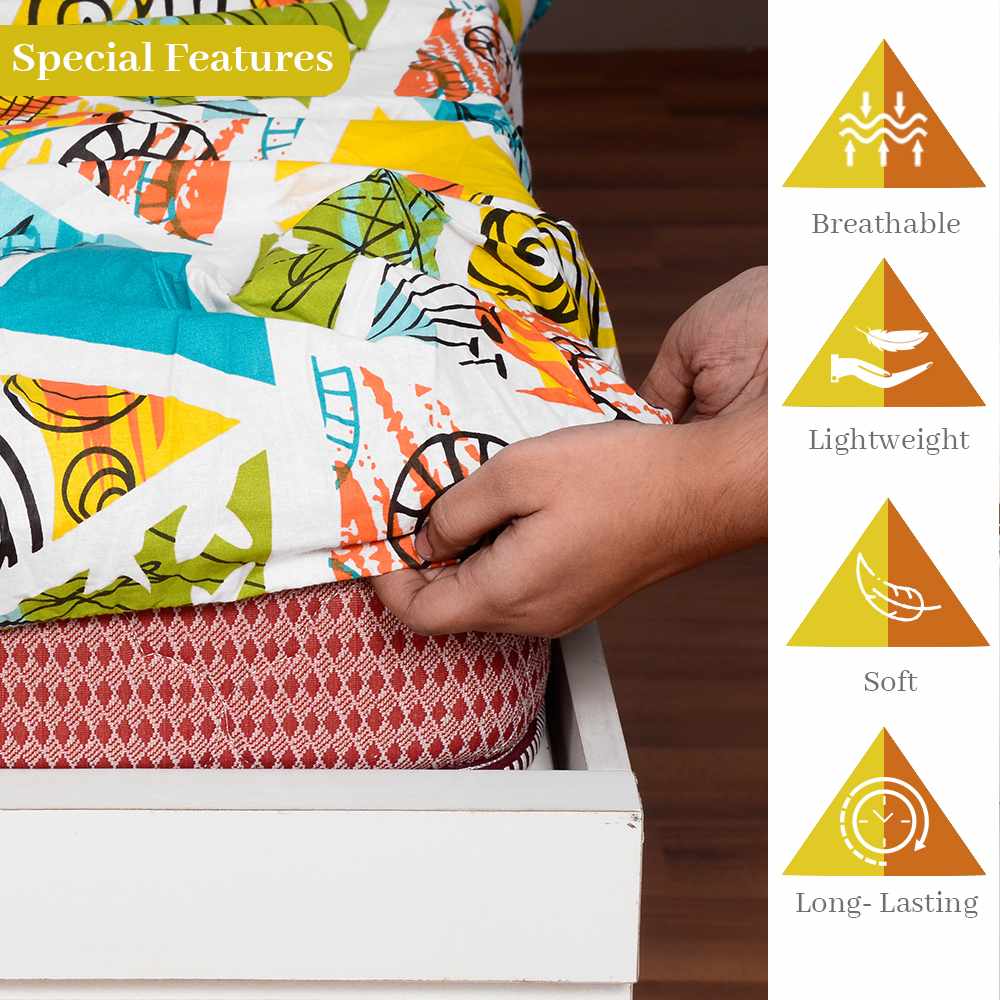 Multicolors 144 TC 100% Cotton Triangle Print Elastic Fitted Double Bed Bedsheet with 2 Pillow Covers For Bedroom