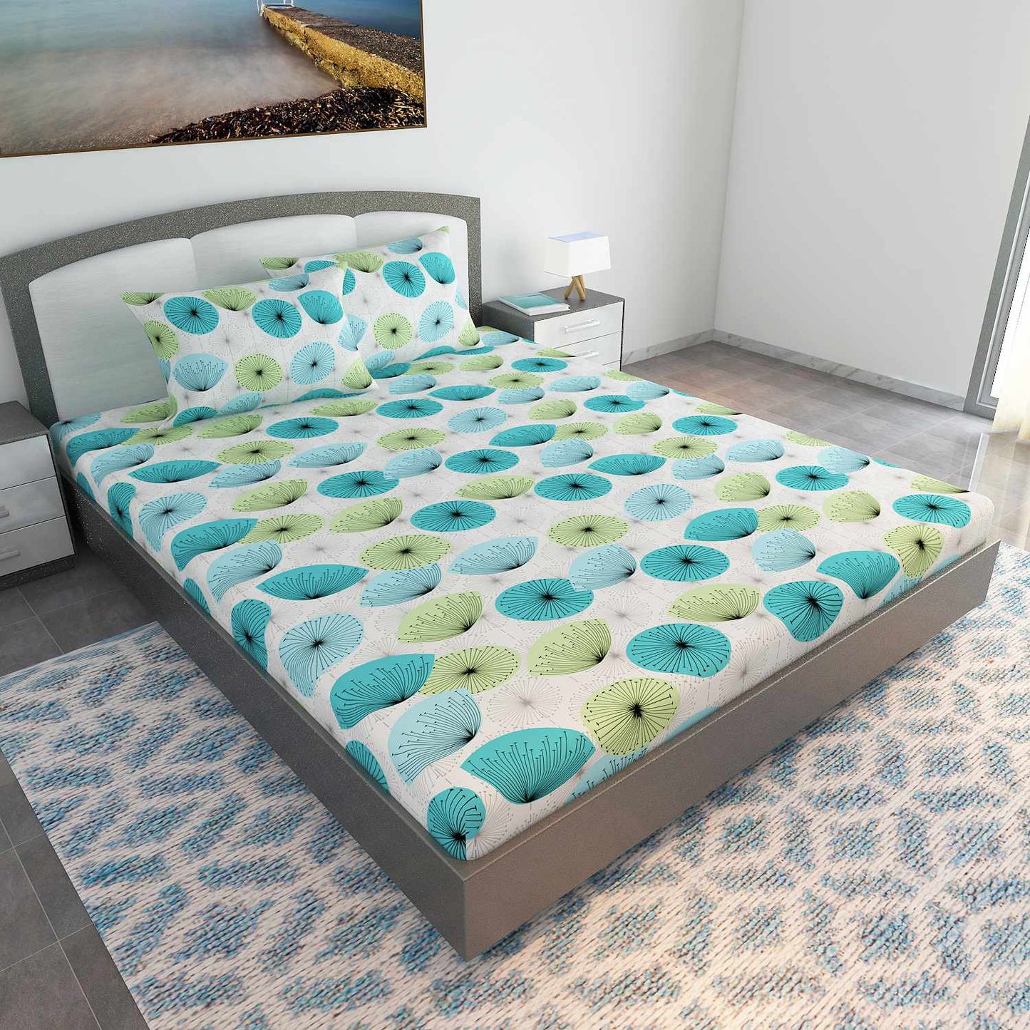 Dandelions Print Blue Cotton Bedsheet For King Size Bed