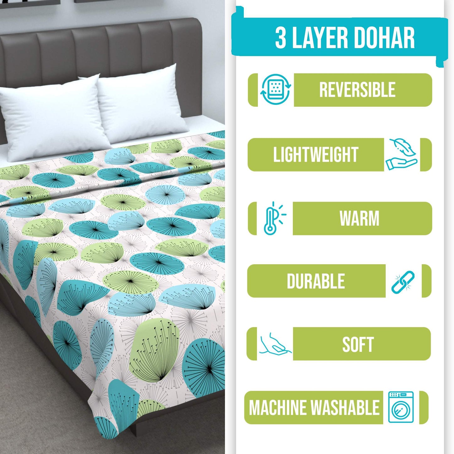 Dandelions Floral Print Blue 144 TC 100% Cotton Cozy and Comfy Dohar for Single Bed