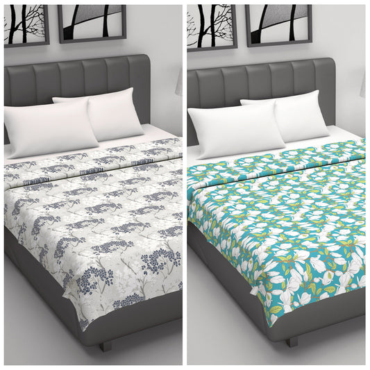 Grey and Green Floral Cotton Dohar Combo For Double Bed Set of 2