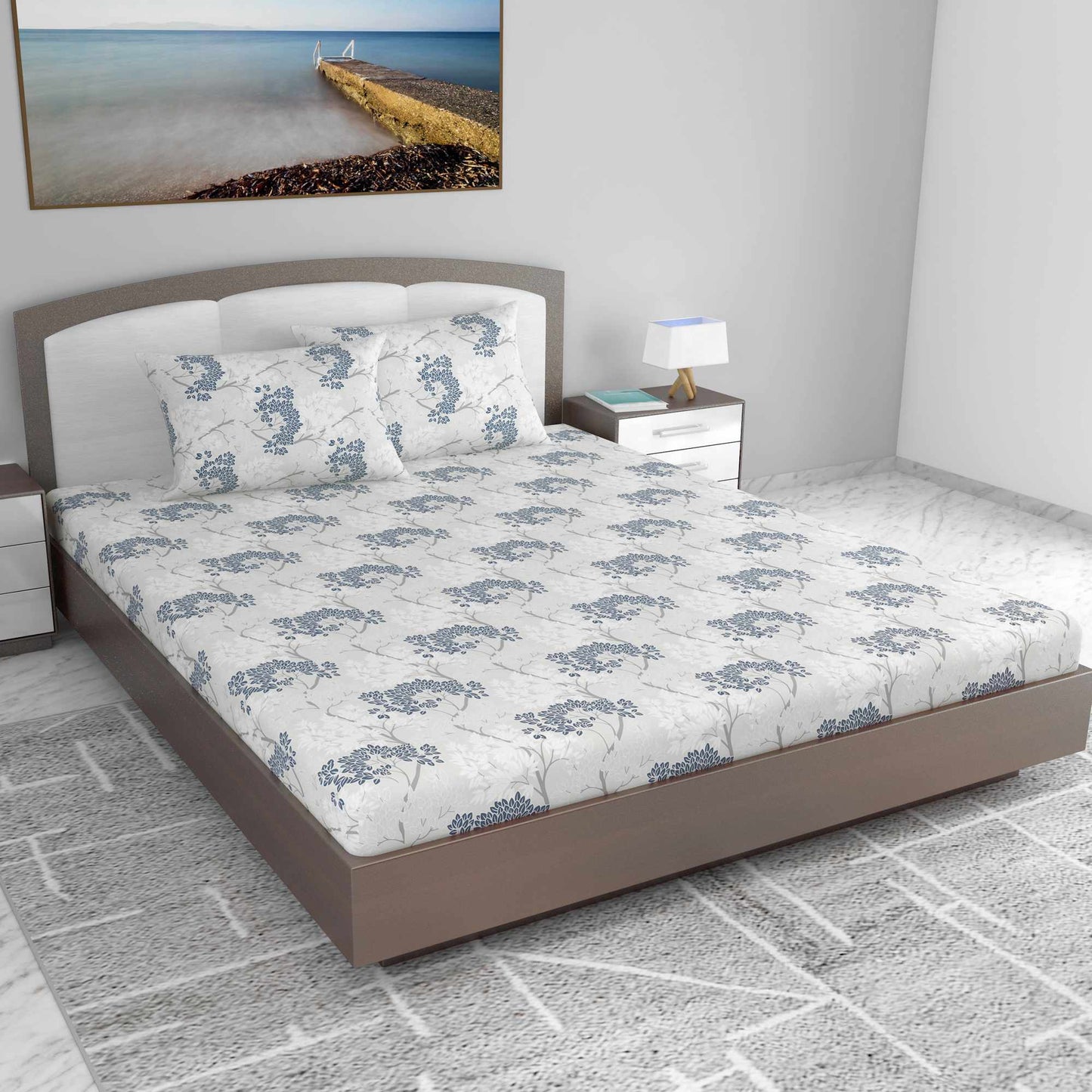 Grey Blue Autumn Tree Leaf Bedsheet For King Size Bed