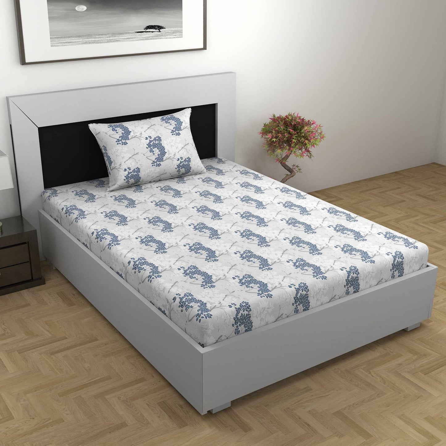 Grey Blue Autumn Tree Leaf Combo Bedsheet for Single and Double Bed