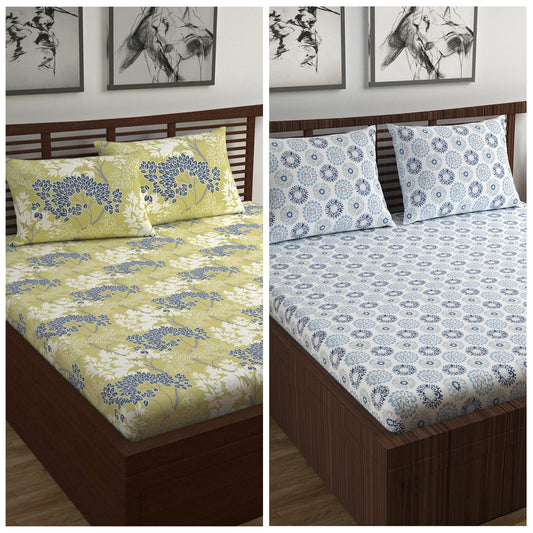 Blue Dahlia and Brown Floral Print Combo Set of 2 Bedsheet for Double Bed