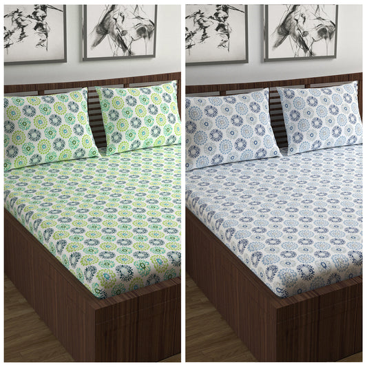 Green and Blue Dahlia Print Elastic Fitted Combo Bedsheet For Double Bed