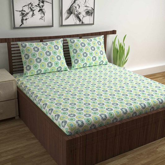 Green Dahlia Floral Printed Bedsheet For Double Bed