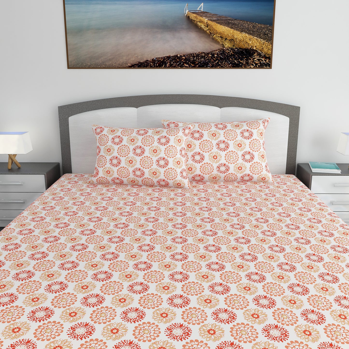 Summer Dahlia Floral Printed Bedsheet For King Size Bed