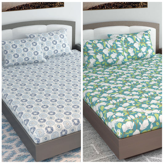 Blue Dahlia and Green Floral Set of 2 Elastic Fitted Combo Bedsheet For King Size Bed
