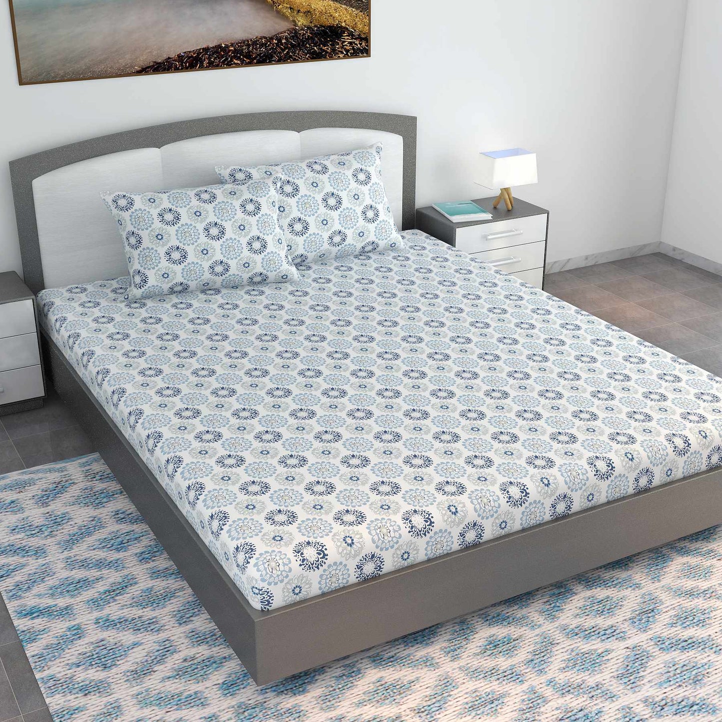 Dahlia Print Blue Bedsheet For King Size Bed