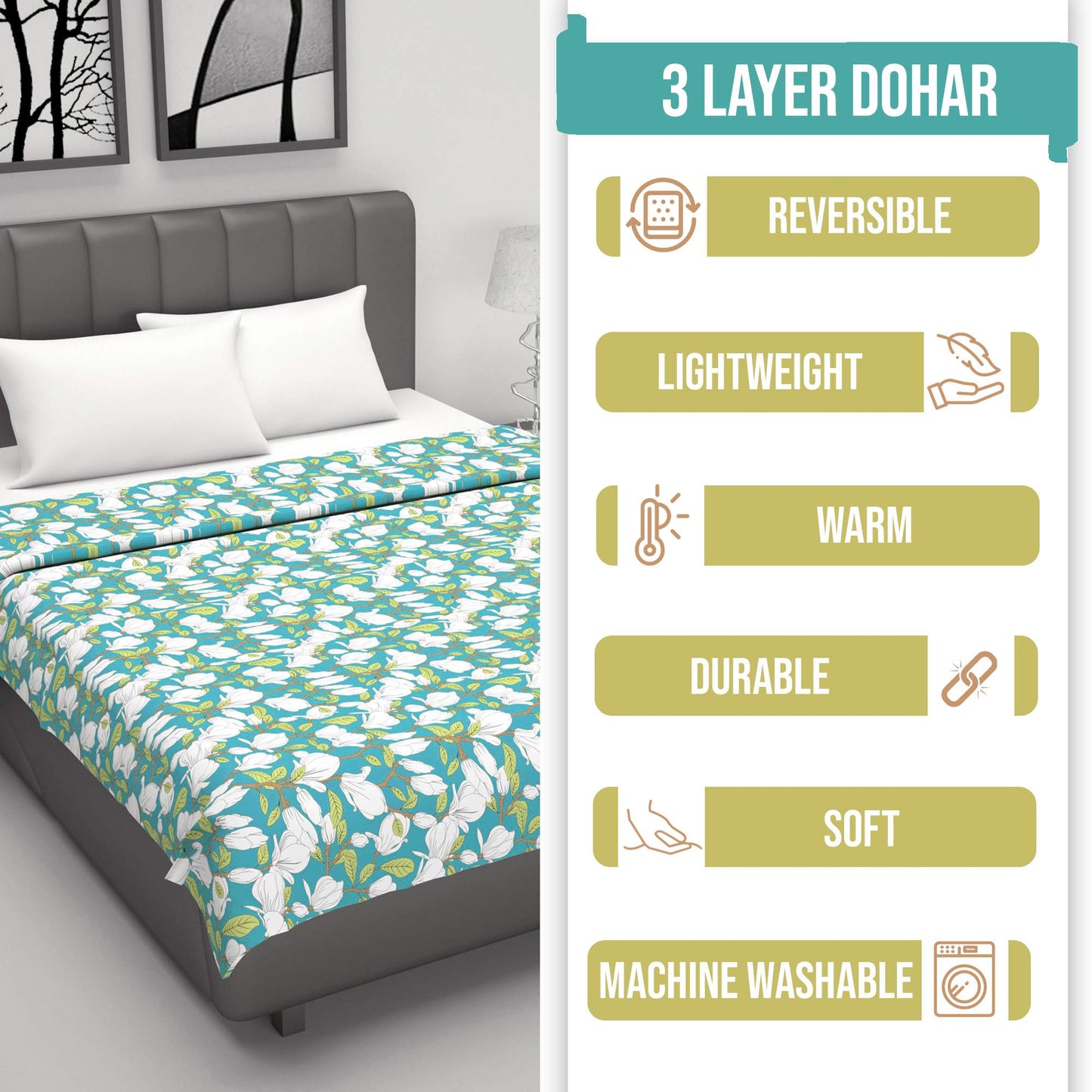 Magnolia Floral Modern Comfy and Warm 144 TC 100% Cotton Single Bed Dohar