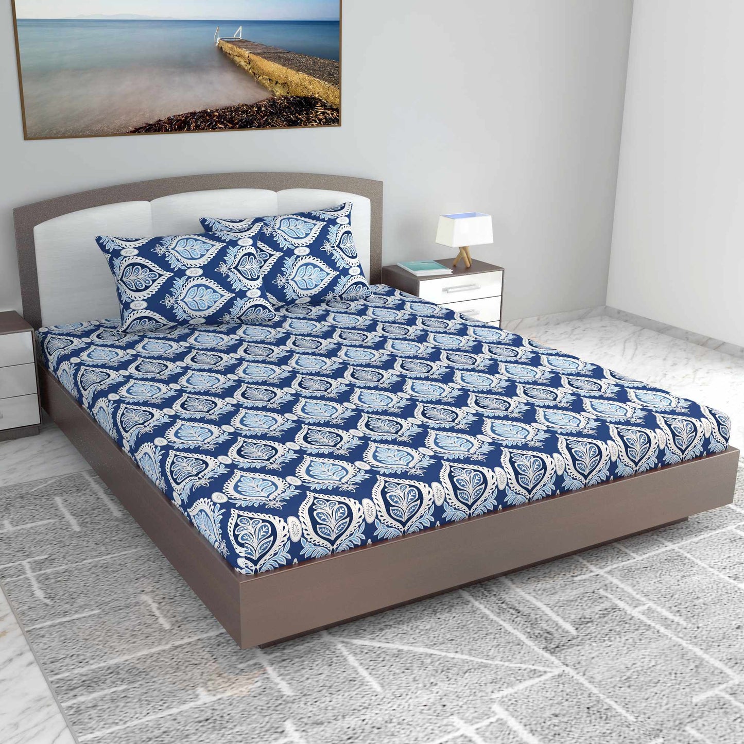 Damask Pattern Blue Bedsheet For King Size Bed