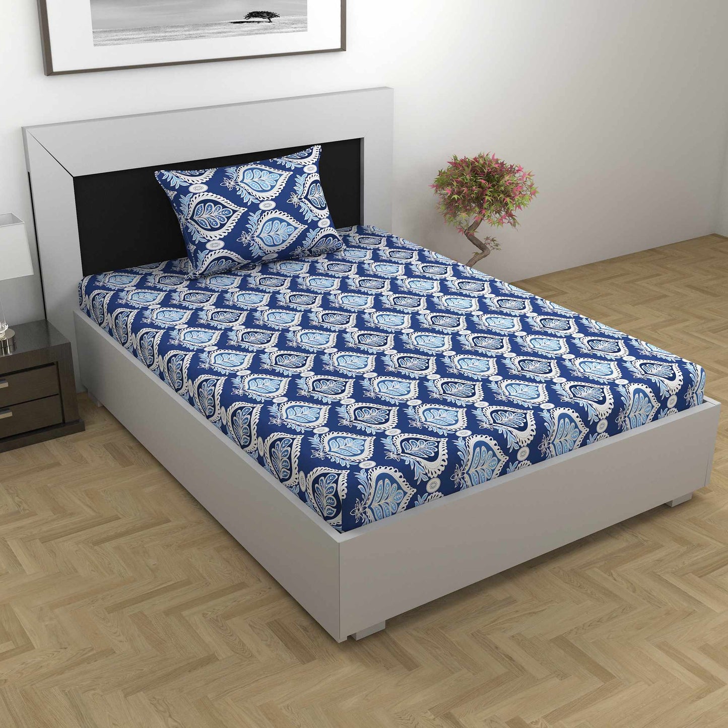 Damask Blue Pattern Single Bed Bedsheet