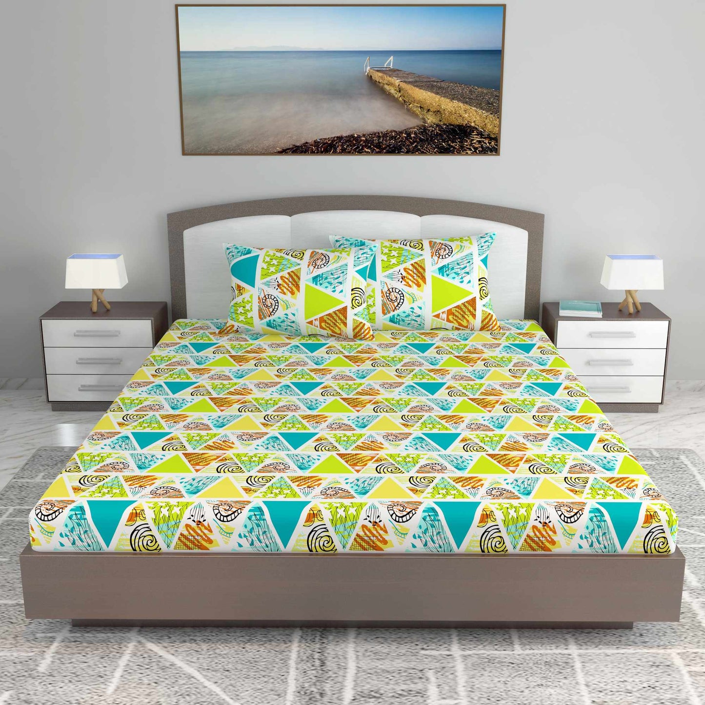 Multicolors 144 TC 100% Cotton Geomatric Triangle Pattern King Size Bed Bedsheet with 2 Pillow Covers Bed Sheet For Bedroom