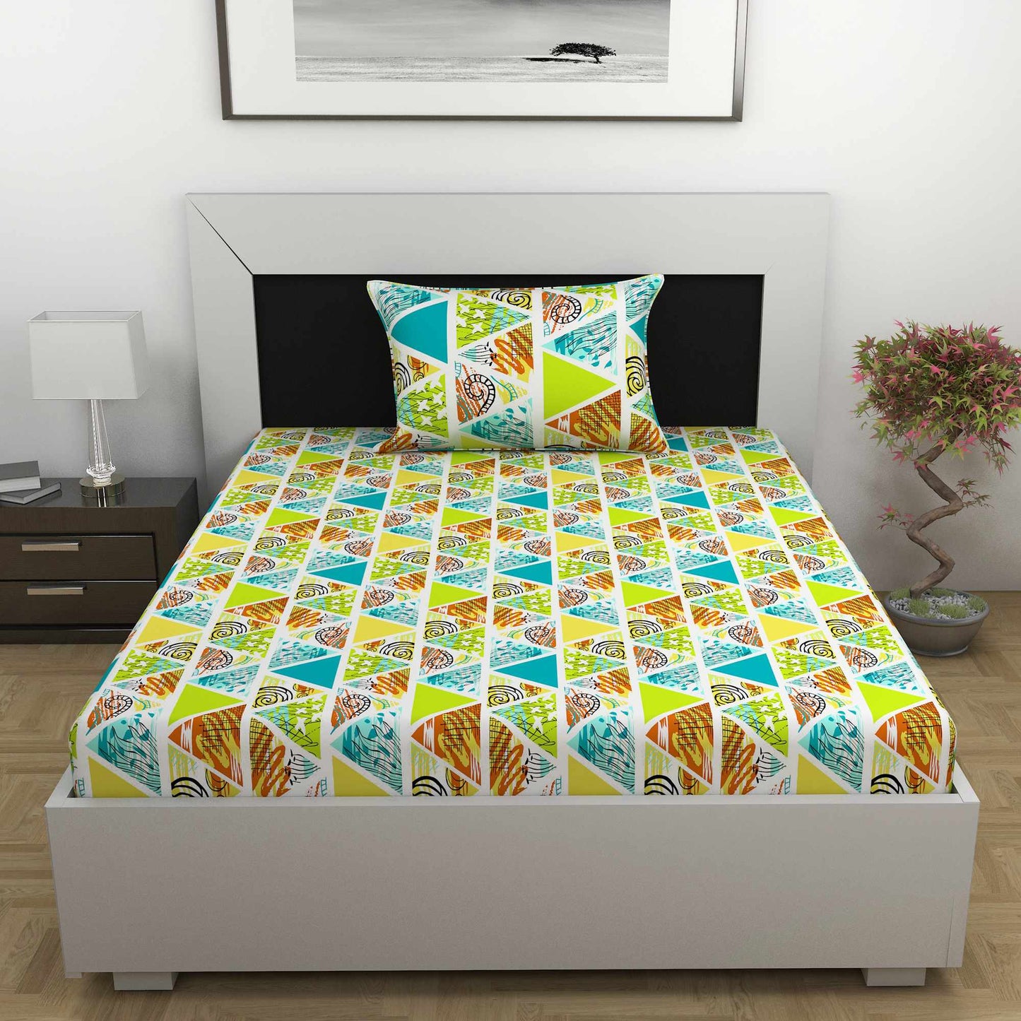 Multicolors 144 TC 100% Cotton Geomatric Triangle Pattern Single Bed Bedsheet with 1 Pillow Covers Bed Sheet For Bedroom