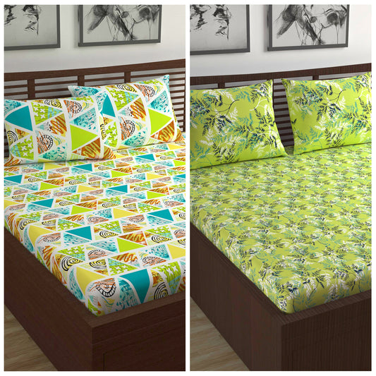 Green and Multicolor Print Combo Set of 2 Bedsheet for Double Bed