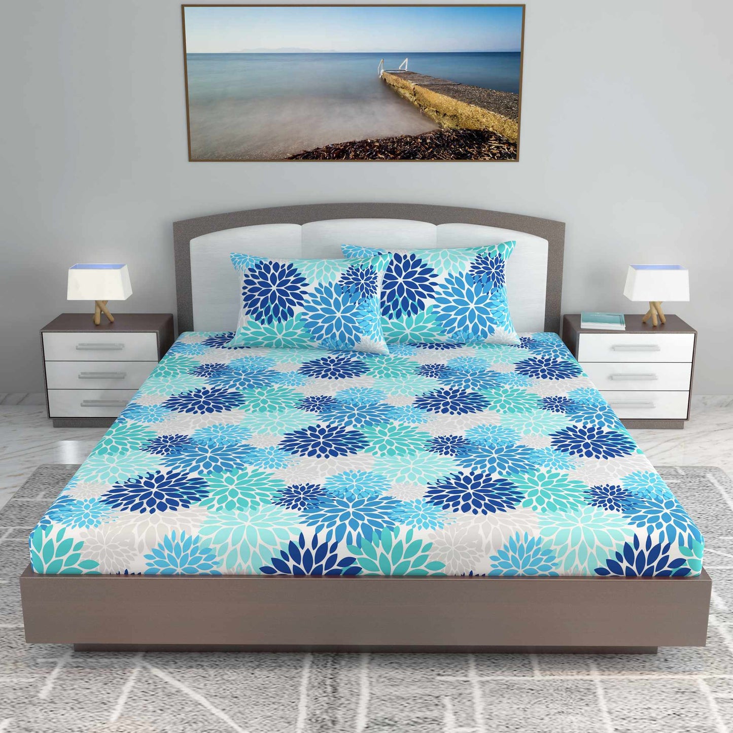 Blue 144 TC 100% Cotton Geomatric Triangle Pattern King Size Bed Bedsheet with 2 Pillow Covers Bed Sheet For Bedroom
