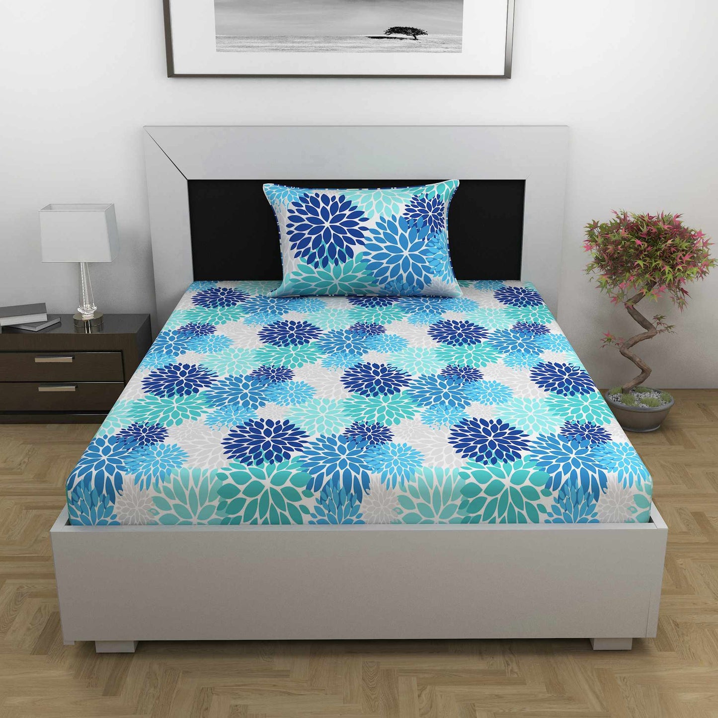 Blue 144 TC 100% Cotton Geomatric Triangle Pattern Single Bed Bedsheet with 1 Pillow Covers Bed Sheet For Bedroom