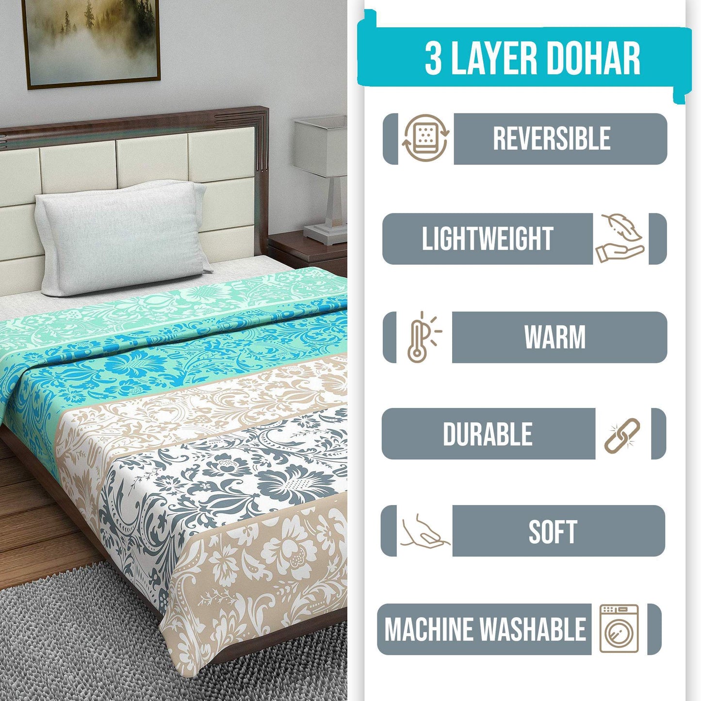 Blue and Grey 120 TC Cotton Floral Pattern Single Bed AC Blanket Dohar for All Season