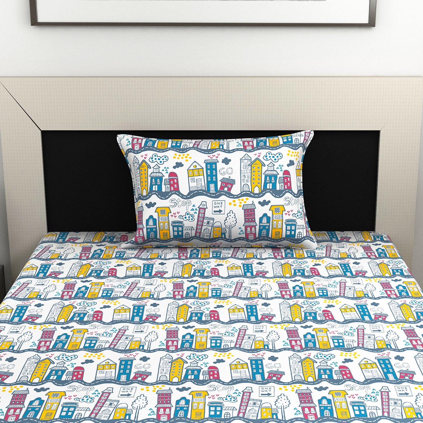 Misty White And Blue Kids City Pattern Single Bedsheet