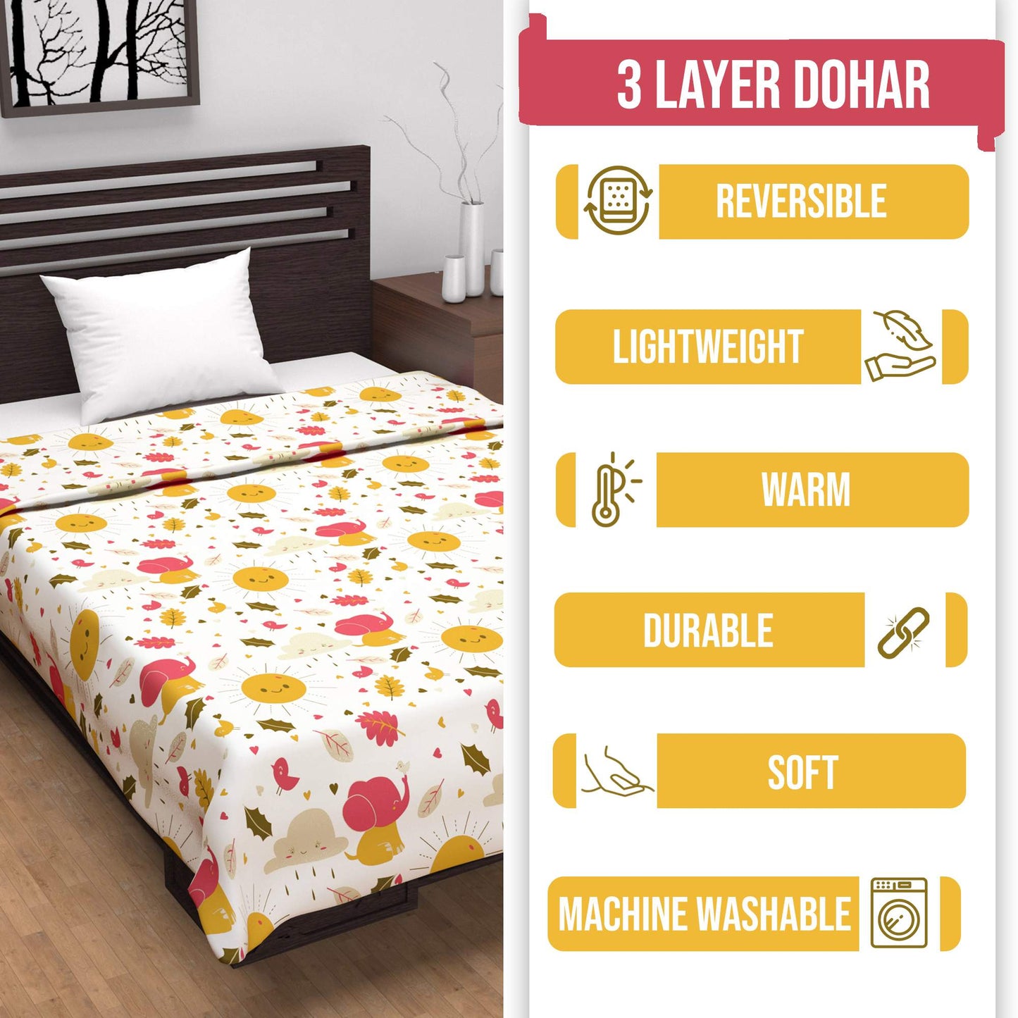 Cream White Kids Pattern All Season AC Cotton Dohar for Single Bed
