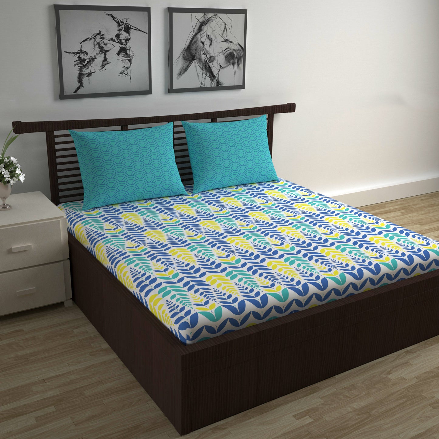 Blue & Yellow Floral Cotton Bedsheet for Double Bed (254 X 222 CM)