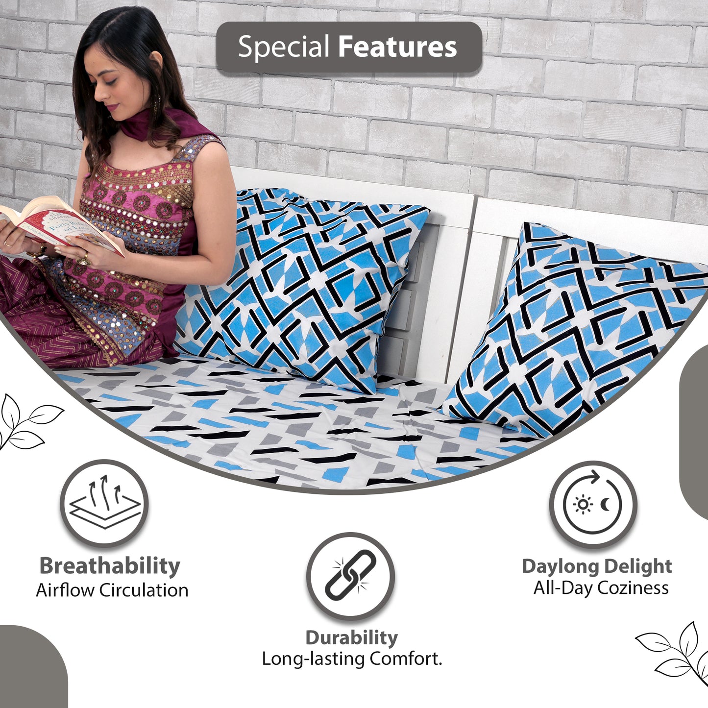 Grey & Blue Abstract 144 TC Polycotton Double Bedsheet With 2 Pillowcovers