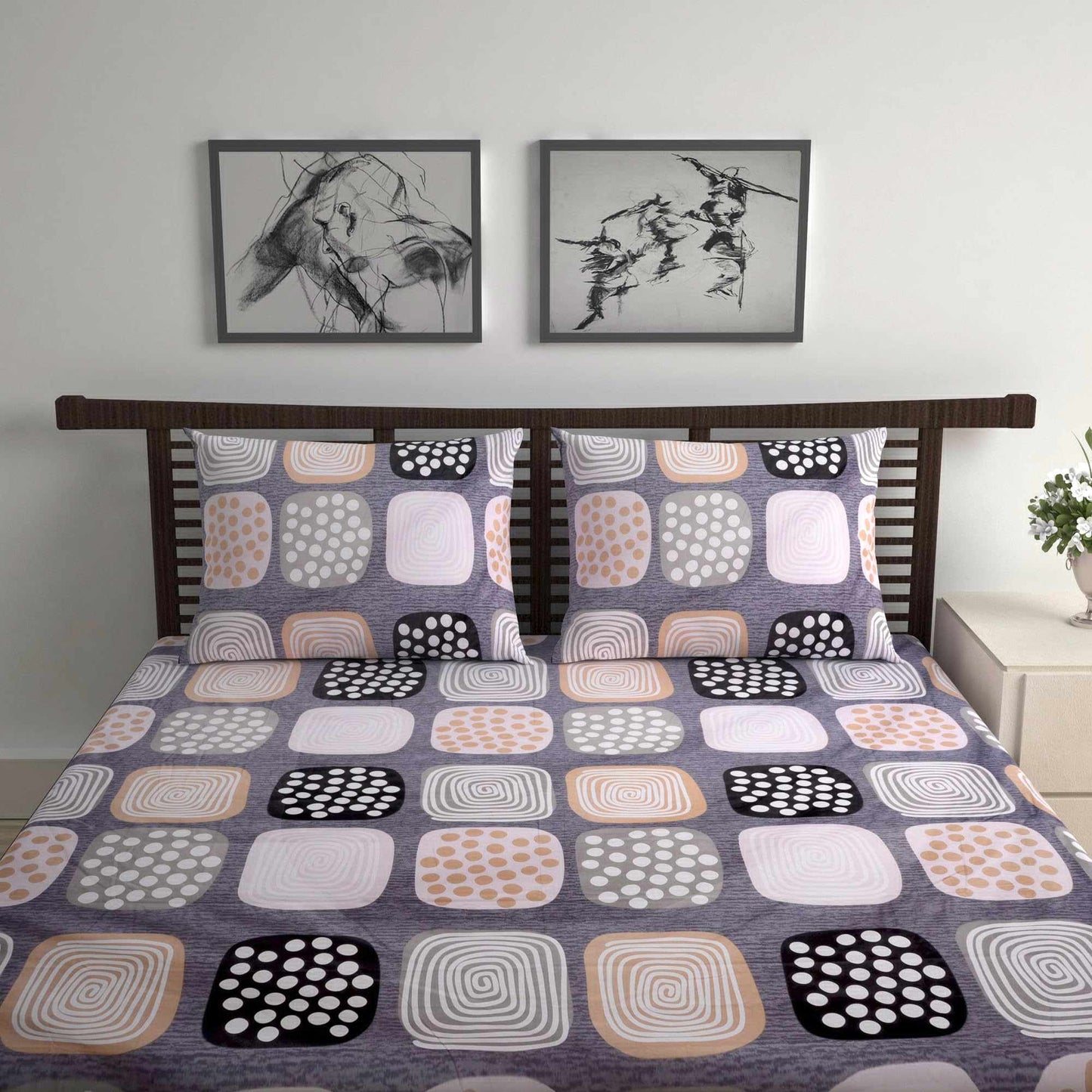 Coffee 100% Cotton 120 TC Box Pattern Double Bedsheet with 2 Pillow Covers for Bedroom